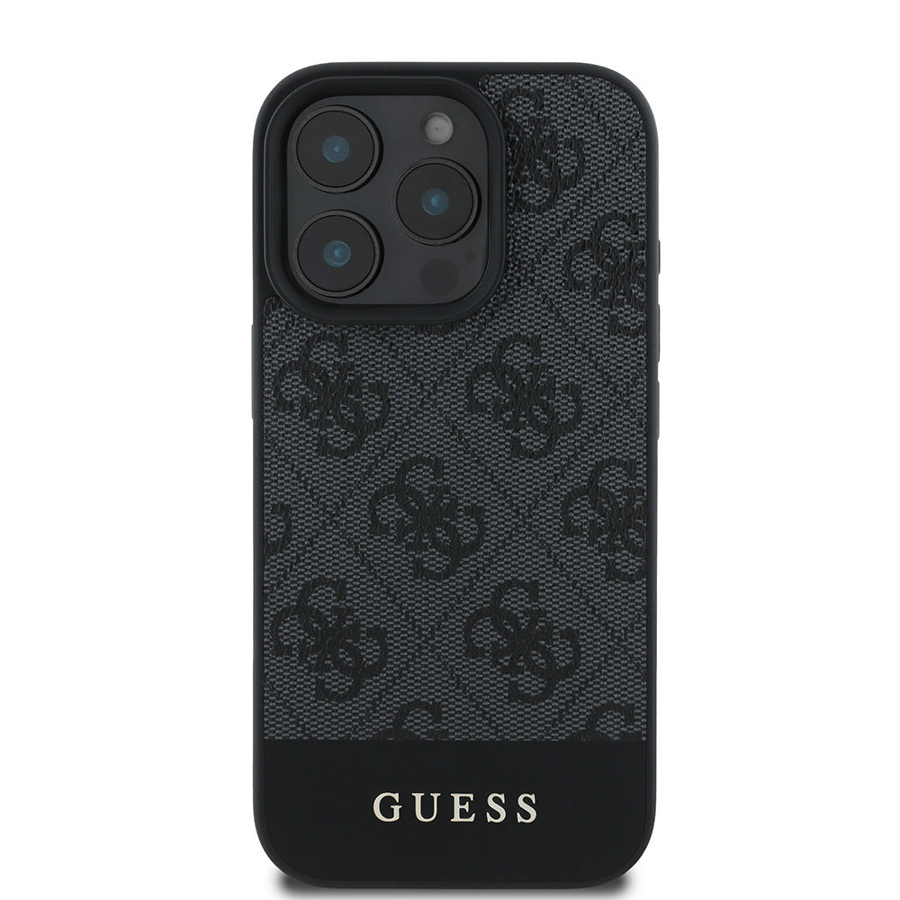 Guess iPhone 16 Pro Max Orjinal Lisanslı PU Deri Şerit Logo Dizaynlı Telefon Kılıfı