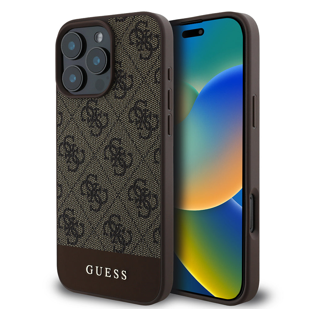 Guess iPhone 16 Pro Max Orjinal Lisanslı PU Deri Şerit Logo Dizaynlı Telefon Kılıfı