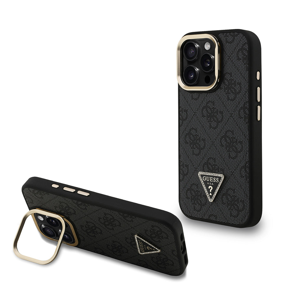 Guess iPhone 16 Pro Max Orjinal Lisanslı PU Deri Taşlı Üçgen Logo 4G Desenli Kamera Standlı Kılıf