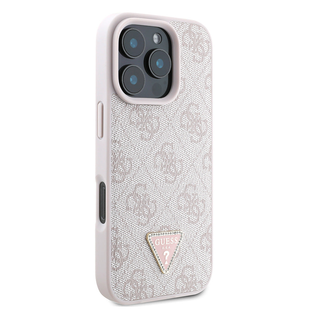 Guess iPhone 16 Pro Max Orjinal Lisanslı PU Deri Taşlı Üçgen Logo 4G Desenli Strass Kılıf