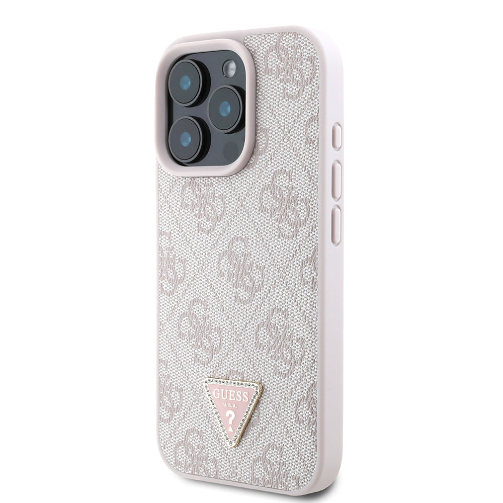 Guess iPhone 16 Pro Max Orjinal Lisanslı PU Deri Taşlı Üçgen Logo 4G Desenli Strass Kılıf