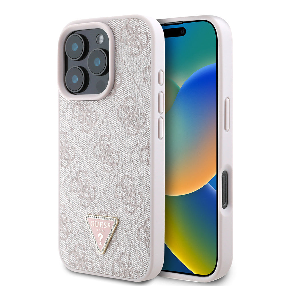 Guess iPhone 16 Pro Max Orjinal Lisanslı PU Deri Taşlı Üçgen Logo 4G Desenli Strass Kılıf
