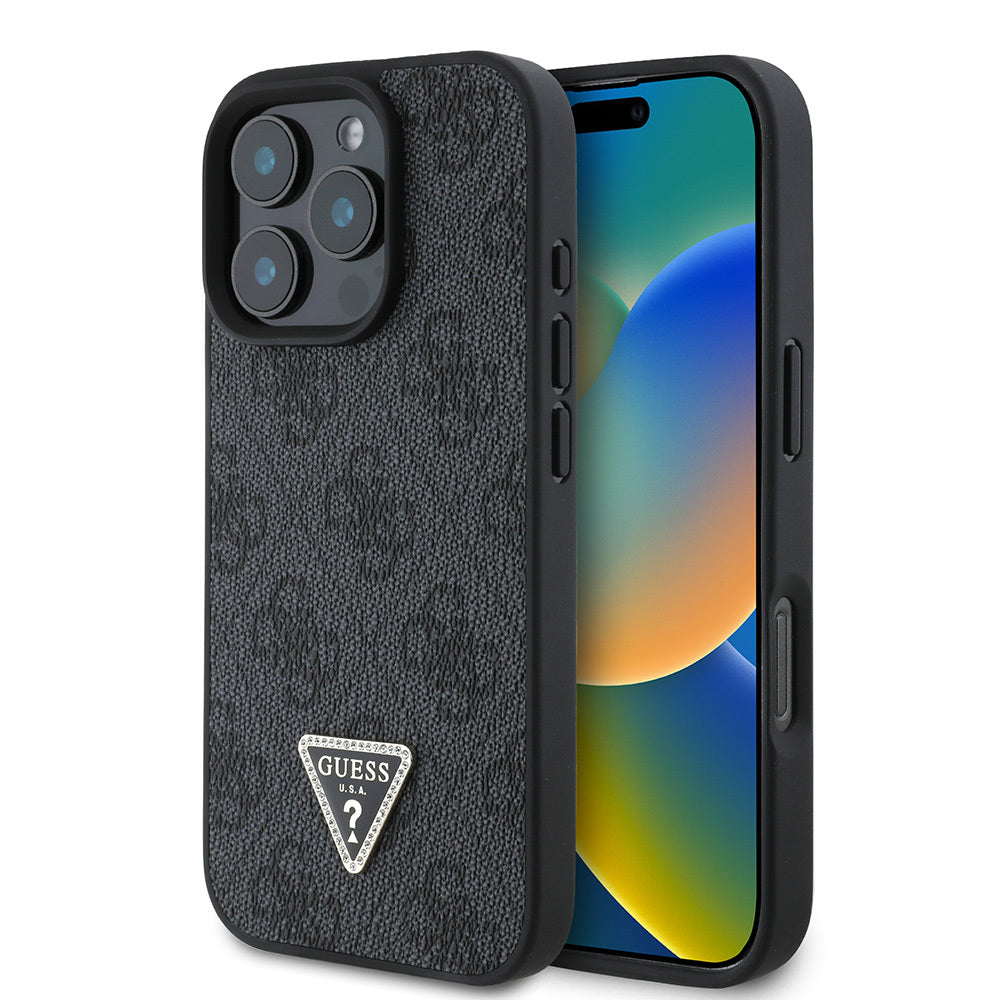 Guess iPhone 16 Pro Max Orjinal Lisanslı PU Deri Taşlı Üçgen Logo 4G Desenli Strass Kılıf