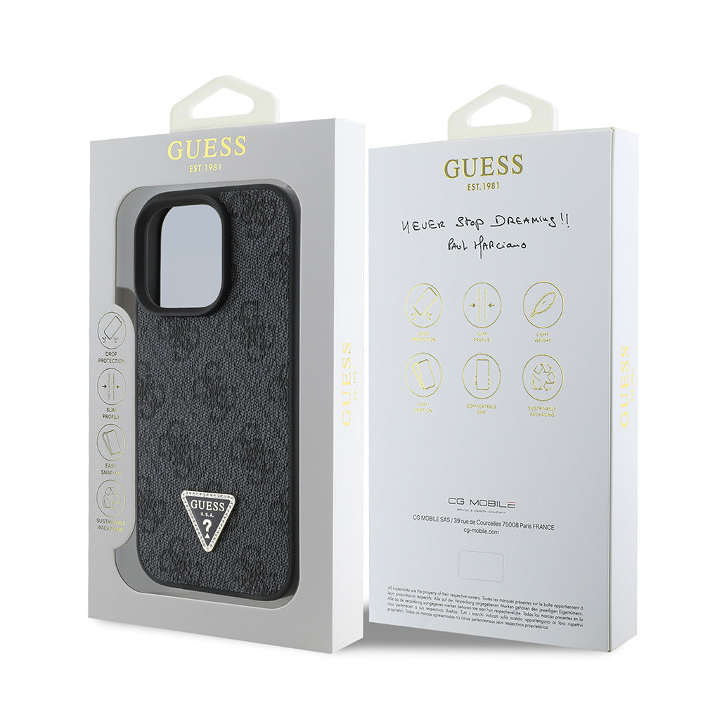 Guess iPhone 16 Pro Max Orjinal Lisanslı PU Deri Taşlı Üçgen Logo 4G Desenli Strass Kılıf