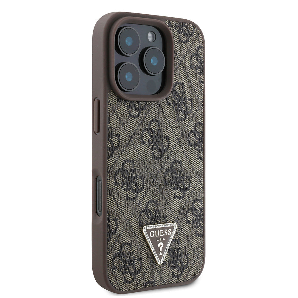 Guess iPhone 16 Pro Max Orjinal Lisanslı PU Deri Taşlı Üçgen Logo 4G Desenli Strass Kılıf