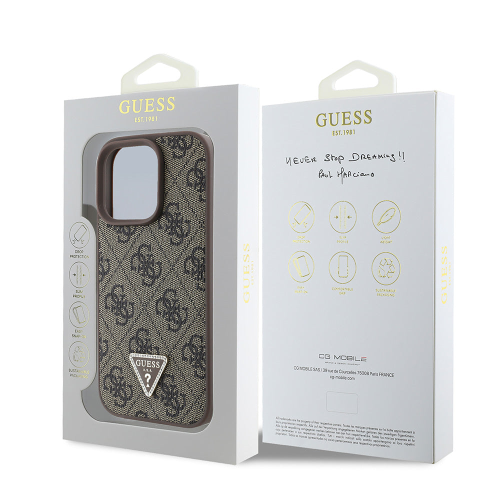 Guess iPhone 16 Pro Max Orjinal Lisanslı PU Deri Taşlı Üçgen Logo 4G Desenli Strass Kılıf
