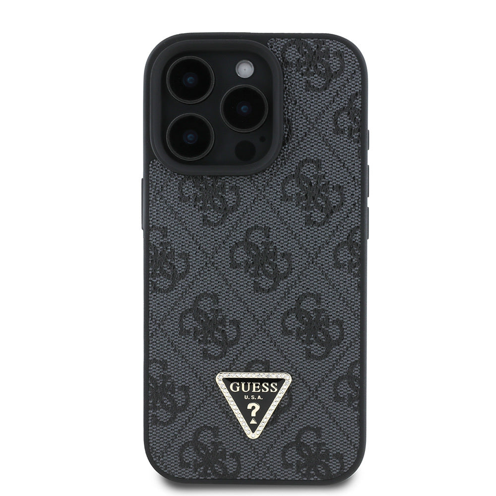 Guess iPhone 16 Pro Max Orjinal Lisanslı PU Deri Taşlı Üçgen Logo 4G Desenli Strass Kılıf