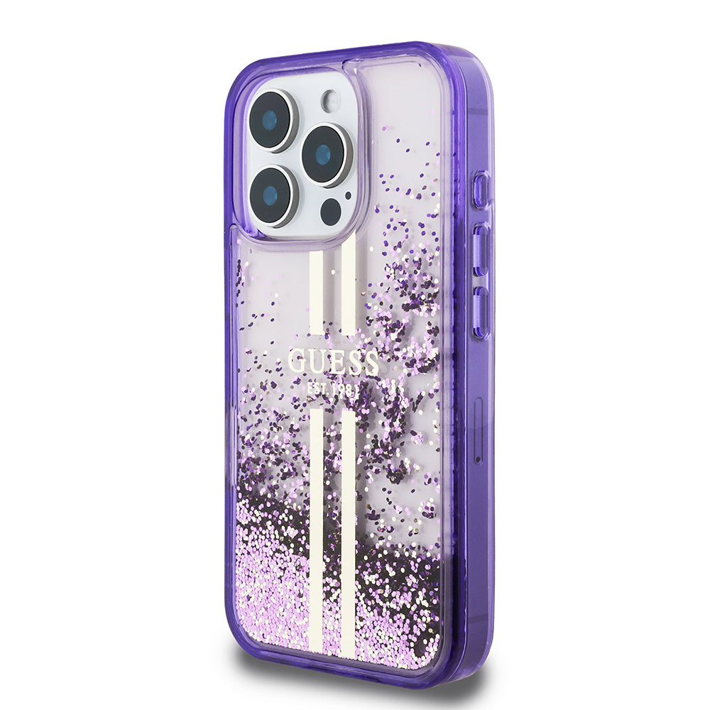 Guess iPhone 16 Pro Max Orjinal Lisanslı Transparan Sıvılı Simli Altın Çizgili Kılıf