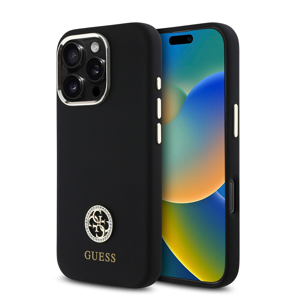 Guess iPhone 16 Pro Max Orjinal Lisanslı Yazı ve Taşlı 4G Logolu Metal Kamera Çerçeveli Silikon Kılıf