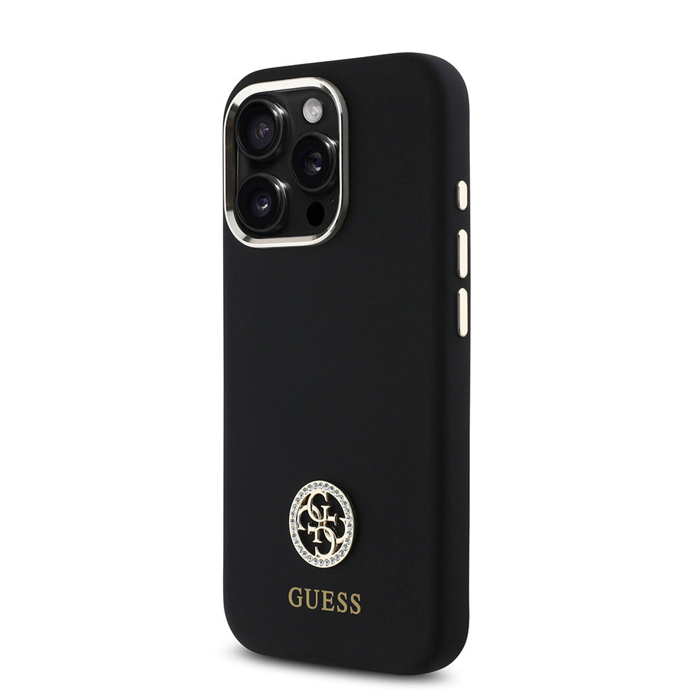 Guess iPhone 16 Pro Max Orjinal Lisanslı Yazı ve Taşlı 4G Logolu Metal Kamera Çerçeveli Silikon Kılıf