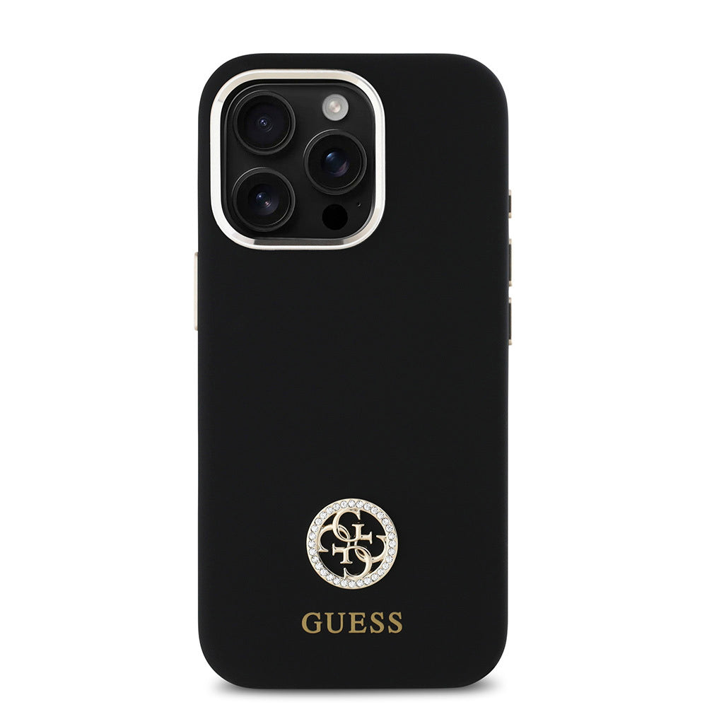 Guess iPhone 16 Pro Max Orjinal Lisanslı Yazı ve Taşlı 4G Logolu Metal Kamera Çerçeveli Silikon Kılıf