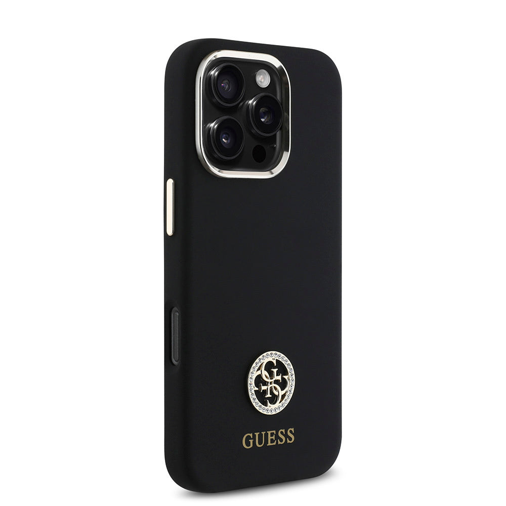 Guess iPhone 16 Pro Max Orjinal Lisanslı Yazı ve Taşlı 4G Logolu Metal Kamera Çerçeveli Silikon Kılıf