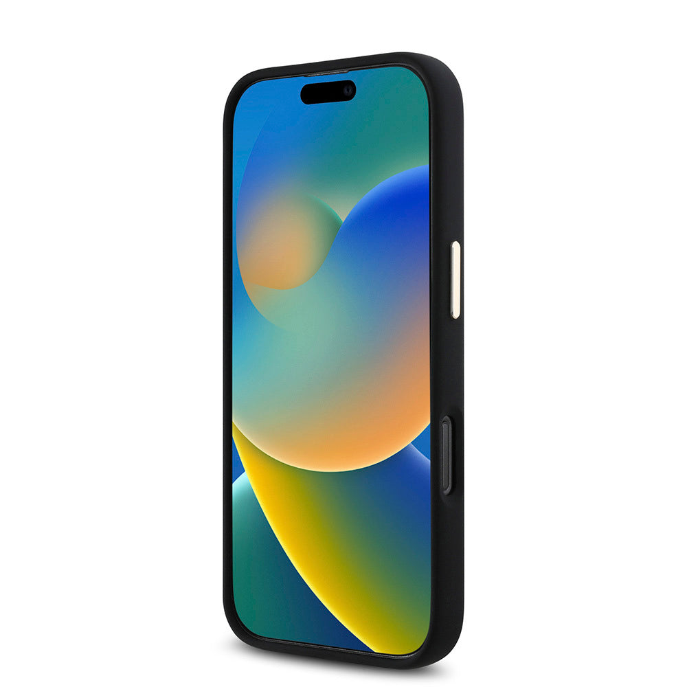 Guess iPhone 16 Pro Max Orjinal Lisanslı Yazı ve Taşlı 4G Logolu Metal Kamera Çerçeveli Silikon Kılıf