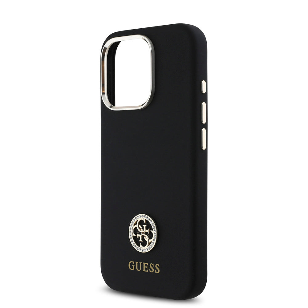 Guess iPhone 16 Pro Max Orjinal Lisanslı Yazı ve Taşlı 4G Logolu Metal Kamera Çerçeveli Silikon Kılıf