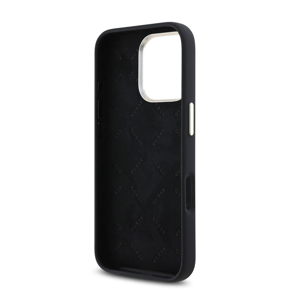 Guess iPhone 16 Pro Max Orjinal Lisanslı Yazı ve Taşlı 4G Logolu Metal Kamera Çerçeveli Silikon Kılıf