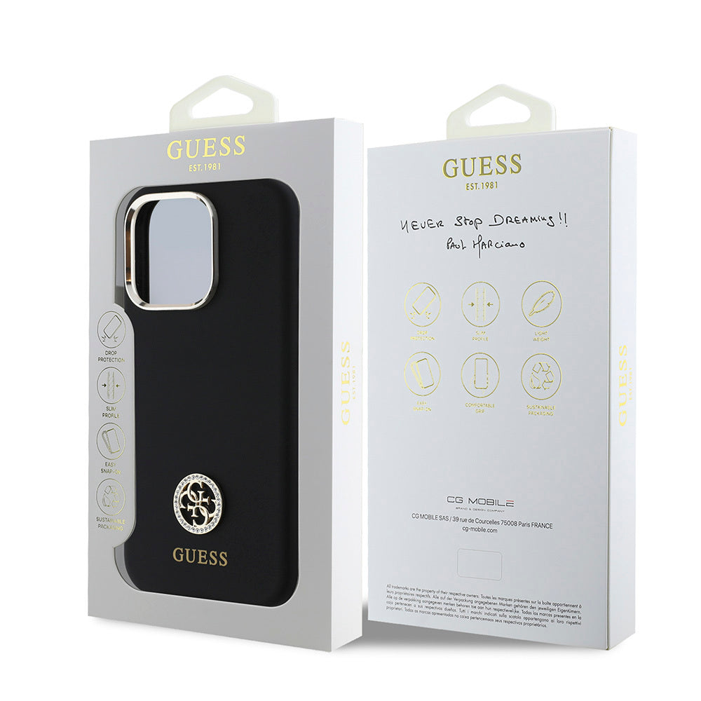 Guess iPhone 16 Pro Max Orjinal Lisanslı Yazı ve Taşlı 4G Logolu Metal Kamera Çerçeveli Silikon Kılıf