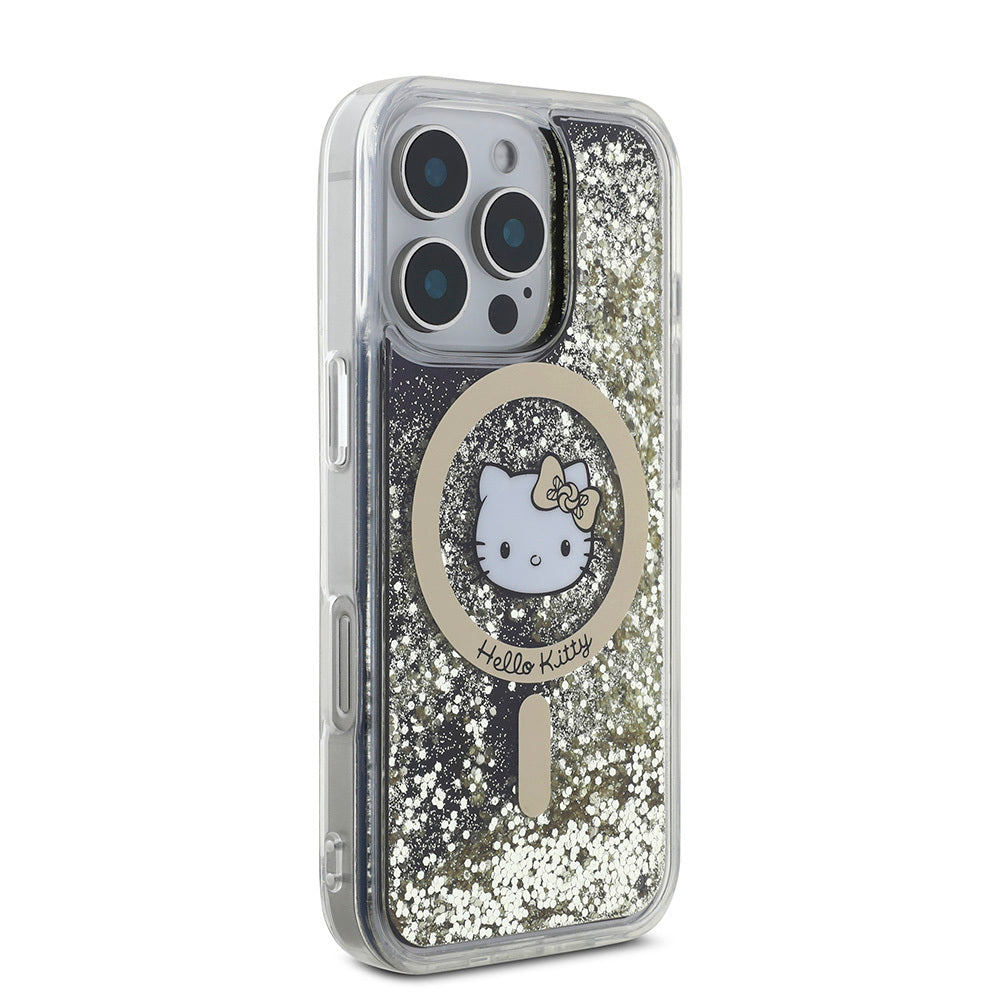 Hello Kitty iPhone 16 Pro Max Orjinal Lisanslı M-safe Şarj Özellikli IML Baskı Kitty Head Logolu Sıvılı Simli Altın Ateşi Kılıf