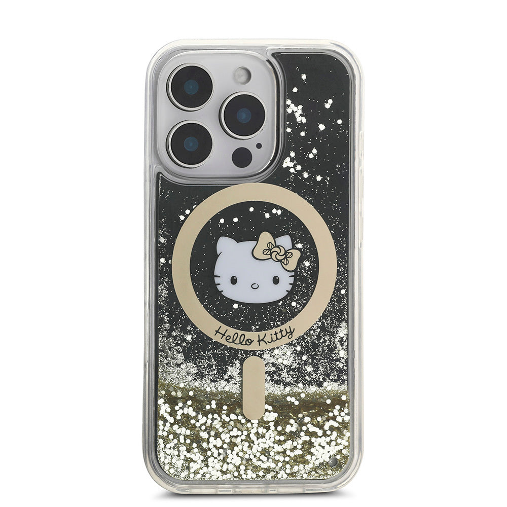 Hello Kitty iPhone 16 Pro Max Orjinal Lisanslı M-safe Şarj Özellikli IML Baskı Kitty Head Logolu Sıvılı Simli Altın Ateşi Kılıf