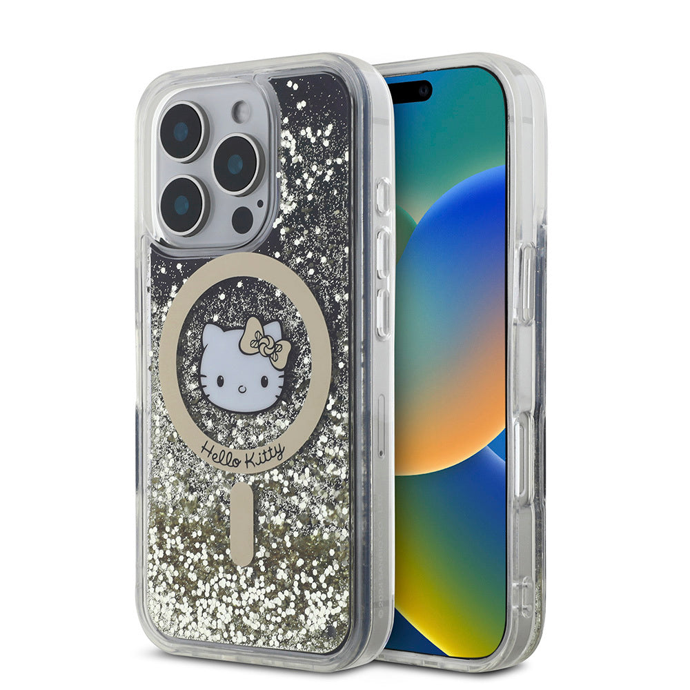 Hello Kitty iPhone 16 Pro Max Orjinal Lisanslı M-safe Şarj Özellikli IML Baskı Kitty Head Logolu Sıvılı Simli Altın Ateşi Kılıf