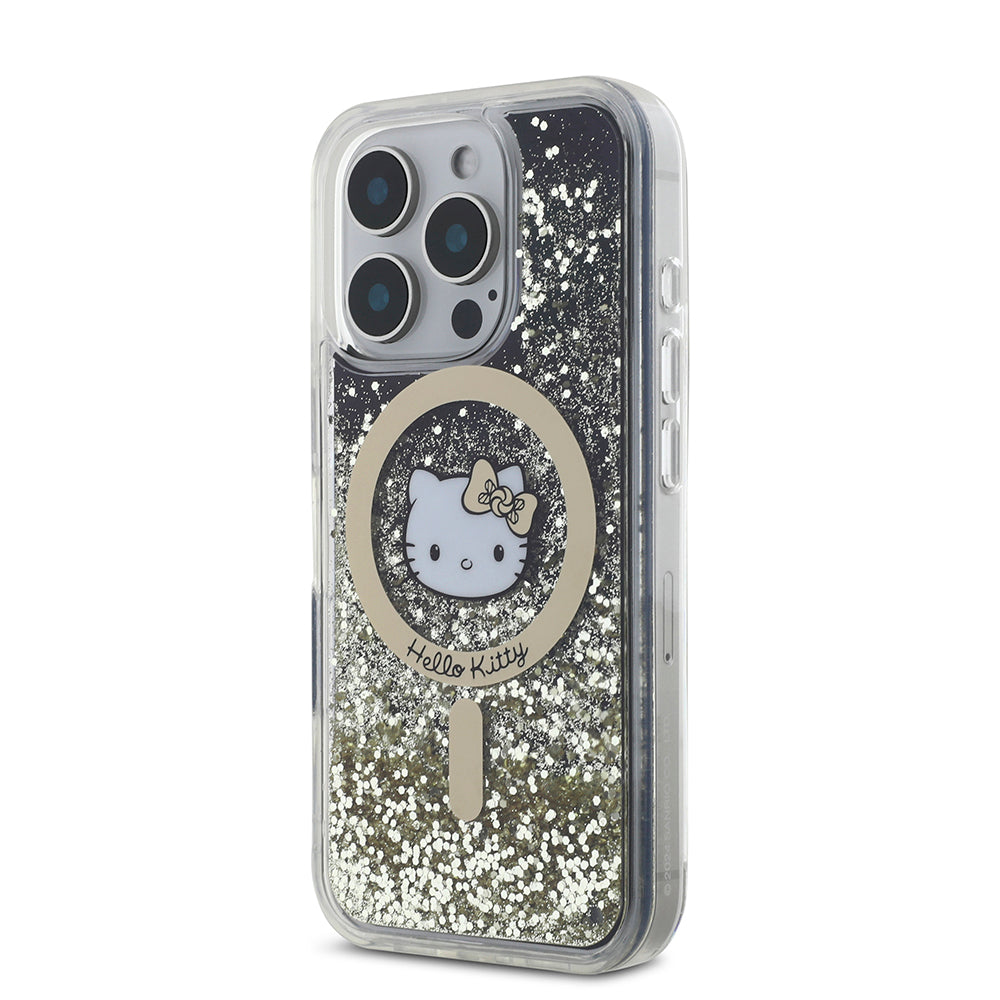 Hello Kitty iPhone 16 Pro Max Orjinal Lisanslı M-safe Şarj Özellikli IML Baskı Kitty Head Logolu Sıvılı Simli Altın Ateşi Kılıf