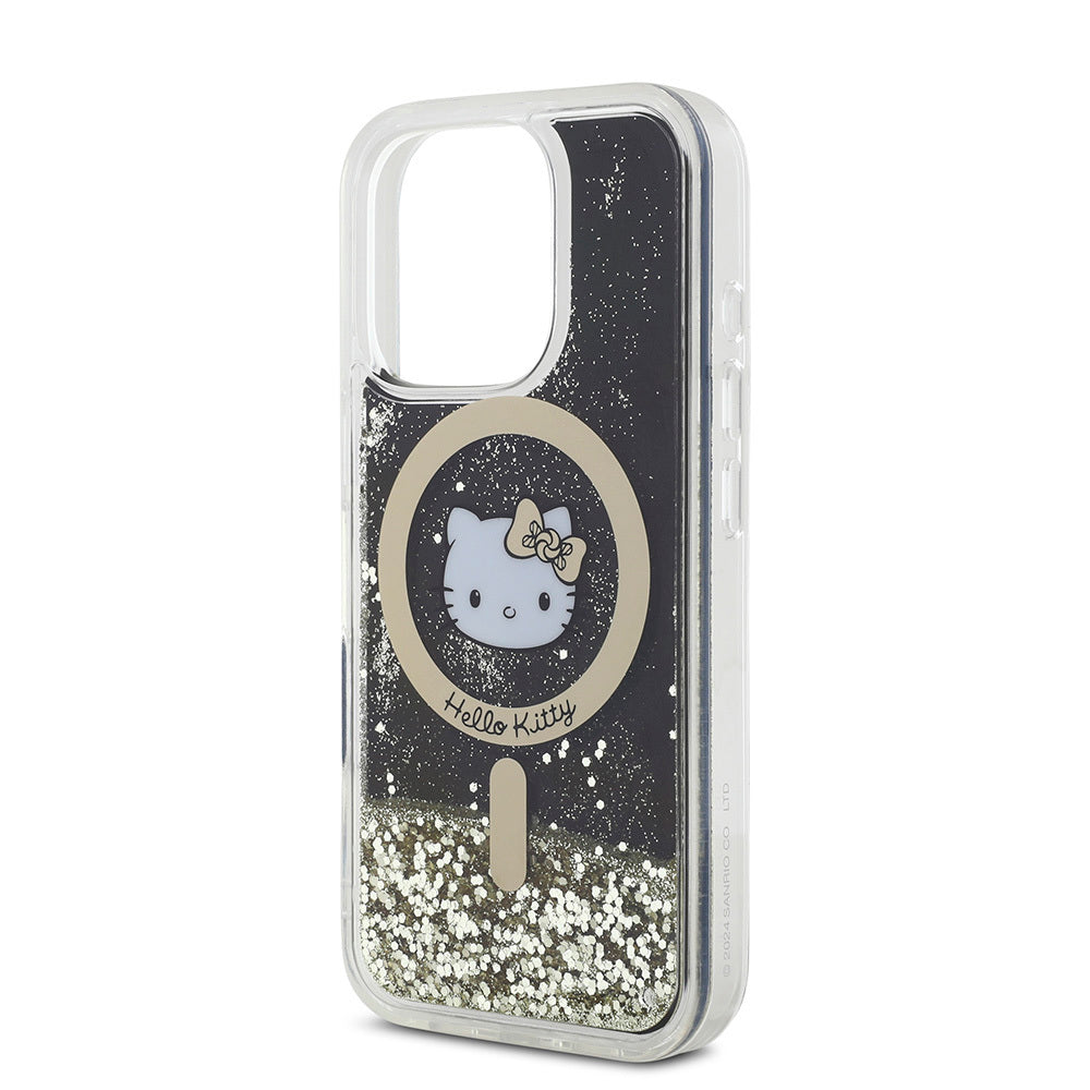 Hello Kitty iPhone 16 Pro Max Orjinal Lisanslı M-safe Şarj Özellikli IML Baskı Kitty Head Logolu Sıvılı Simli Altın Ateşi Kılıf