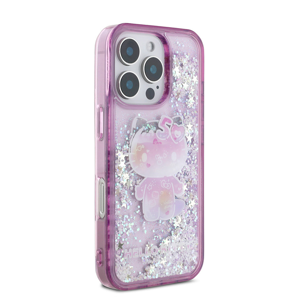 Hello Kitty iPhone 16 Pro Max Orjinal Lisanslı Sıvılı Simli 50. Yıldönümü Partisi Kılıf