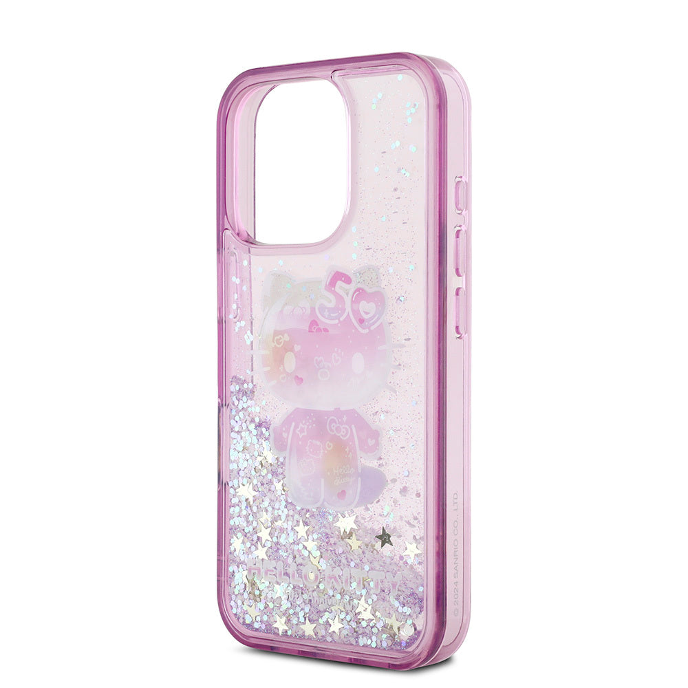 Hello Kitty iPhone 16 Pro Max Orjinal Lisanslı Sıvılı Simli 50. Yıldönümü Partisi Kılıf