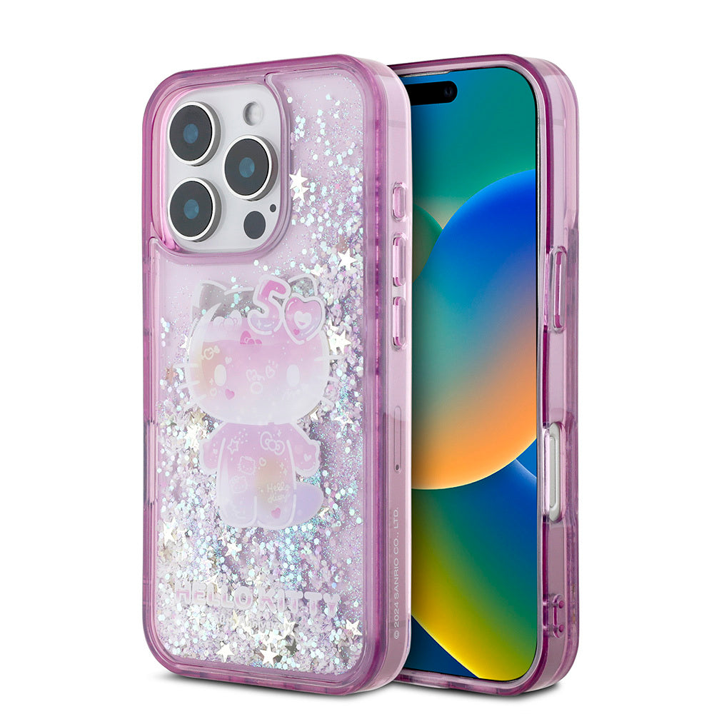 Hello Kitty iPhone 16 Pro Max Orjinal Lisanslı Sıvılı Simli 50. Yıldönümü Partisi Kılıf