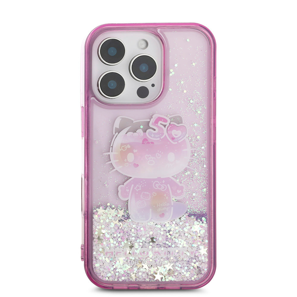 Hello Kitty iPhone 16 Pro Max Orjinal Lisanslı Sıvılı Simli 50. Yıldönümü Partisi Kılıf