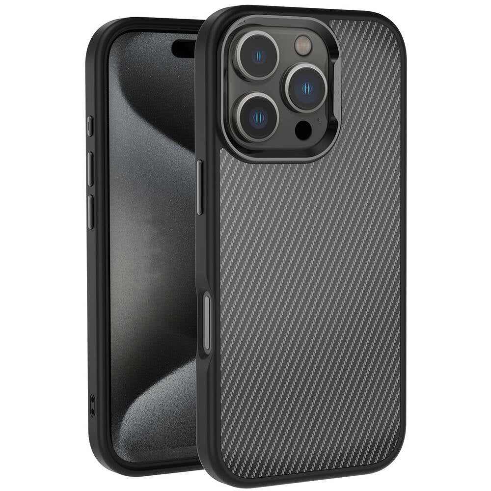 Cepax iPhone 16 Pro Max Karbon Fiber Görünümlü Parlak Kamera Çerçeveli Venus Kılıf