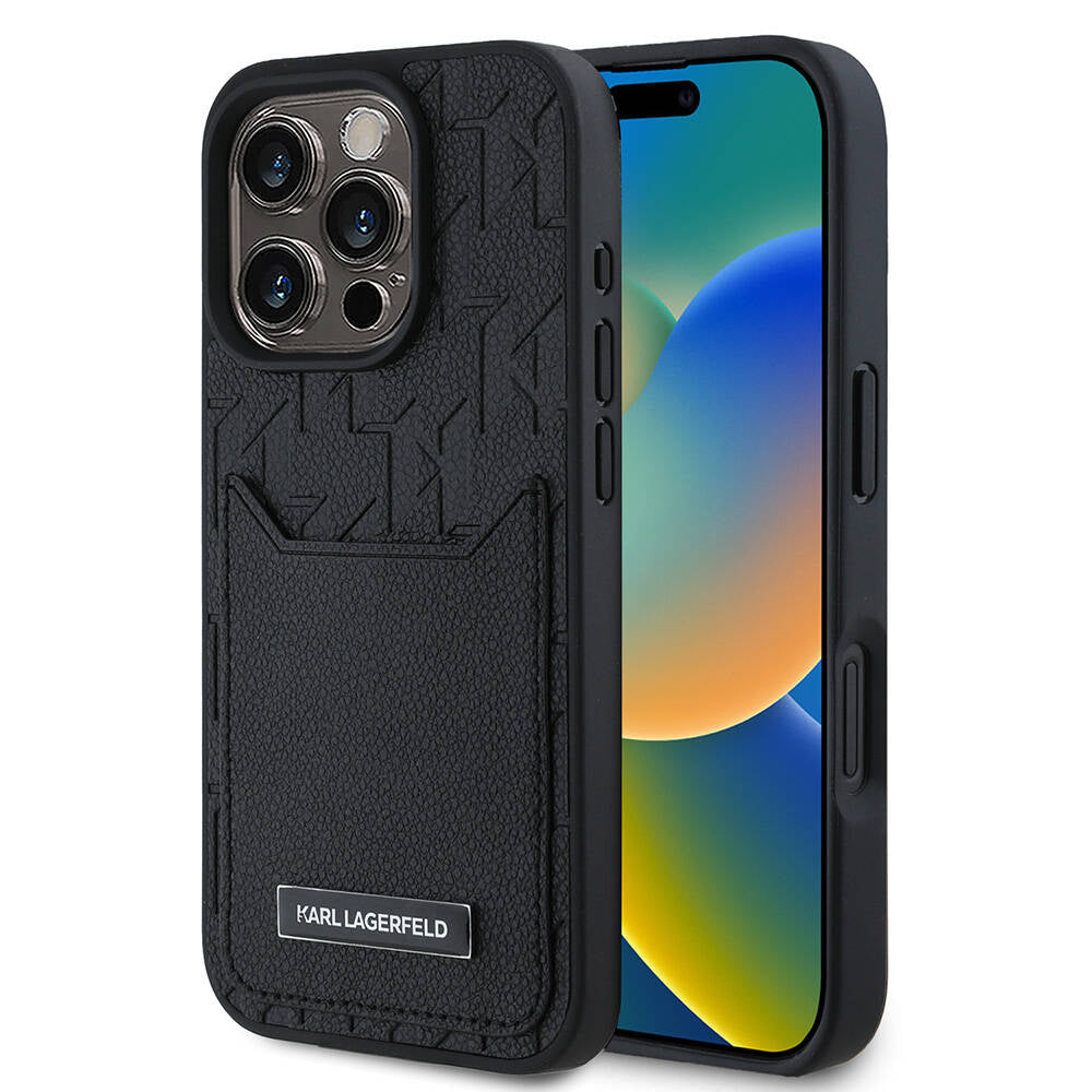 Karl Lagerfeld iPhone 16 Pro Max Orjinal Lisanslı Kartlıklı Monogram Sıcak Damgalı Elongated Logo Telefon Kılıfı - 1