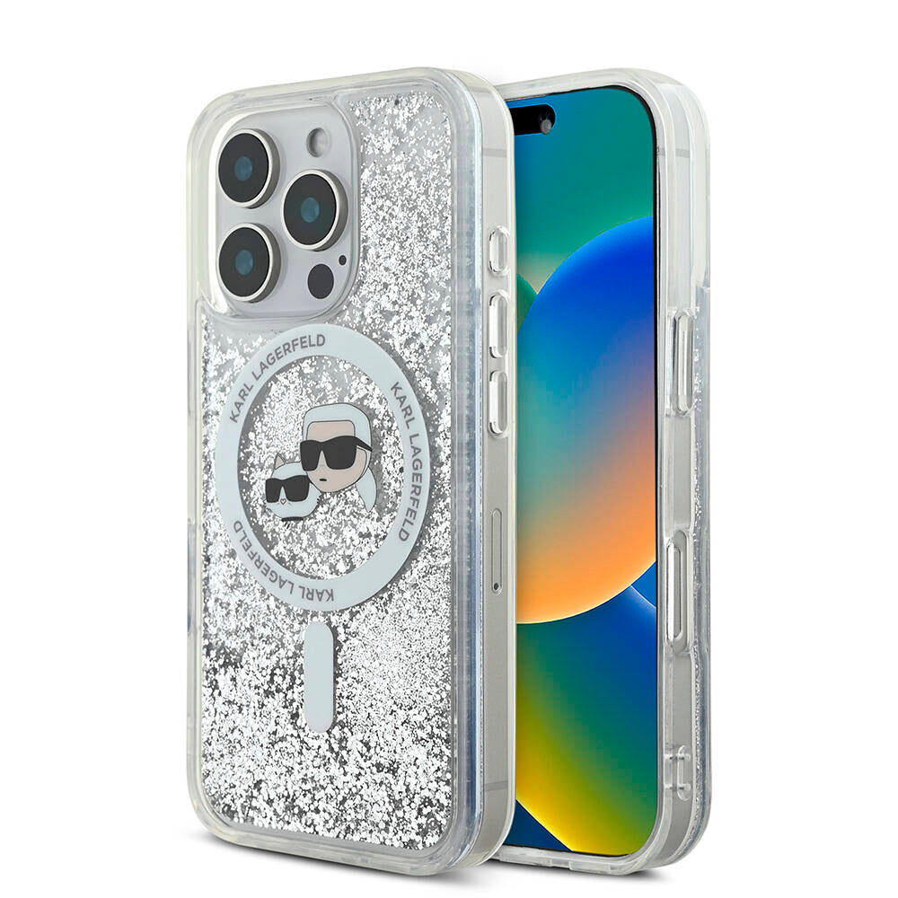 Karl Lagerfeld iPhone 16 Pro Max Orjinal Lisanslı Magsafe Şarj Özellikli Sıvılı Simli KC Heads Telefon Kılıfı - 1