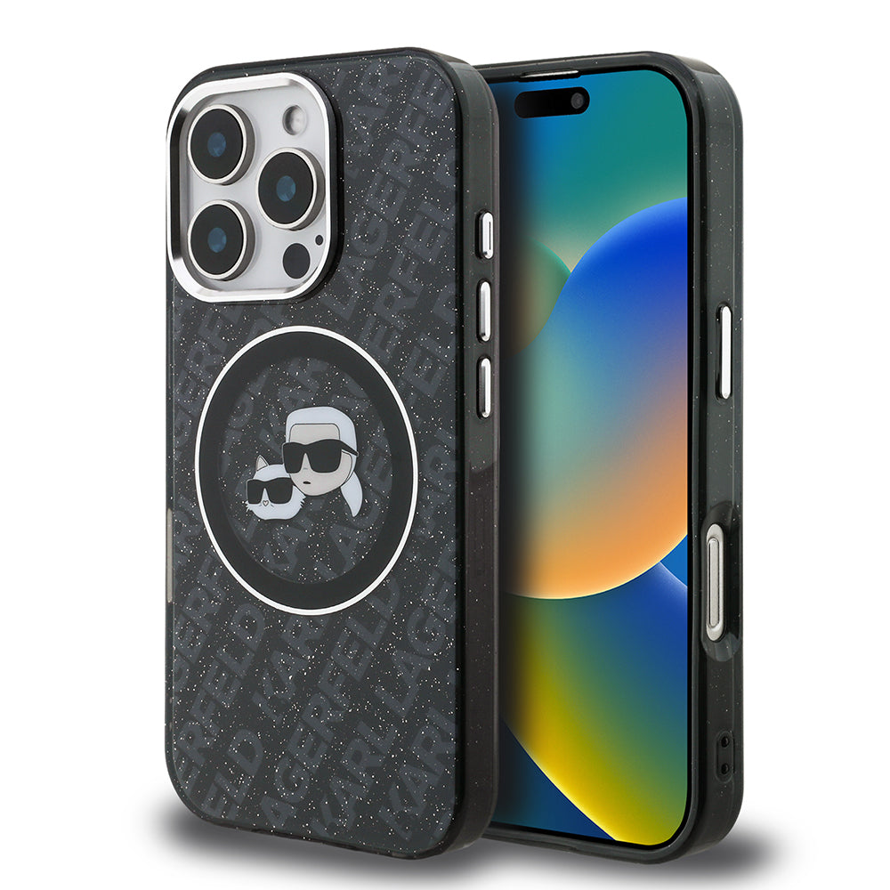 Karl Lagerfeld iPhone 16 Pro Max Orjinal Lisanslı Parlayan Simli Karl & Choupette Heads Kılıf