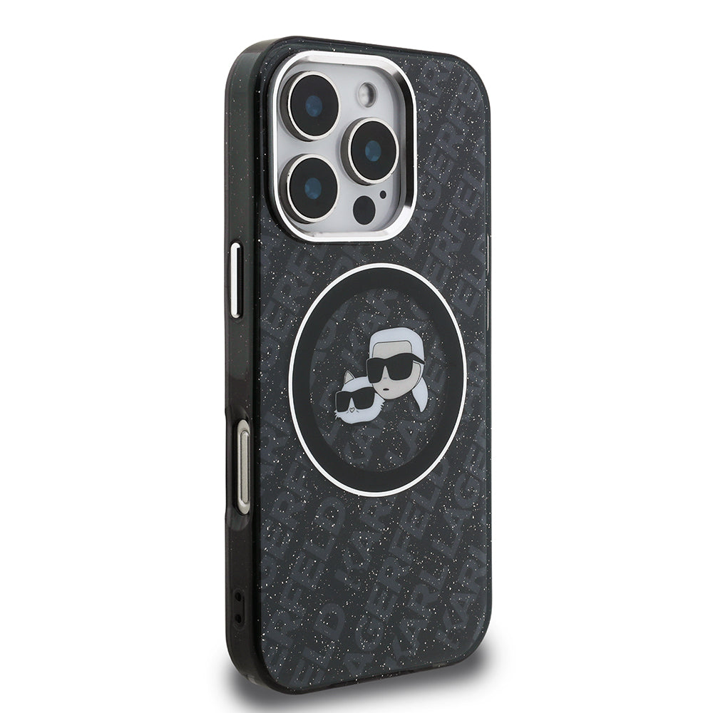 Karl Lagerfeld iPhone 16 Pro Max Orjinal Lisanslı Parlayan Simli Karl & Choupette Heads Kılıf