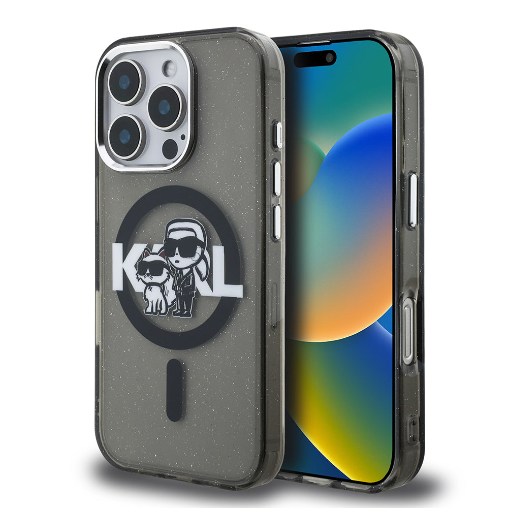 Karl Lagerfeld iPhone 16 Pro Max Orjinal Lisanslı Parlayan Simli Karl & Choupette Sketch Logo Kılıf