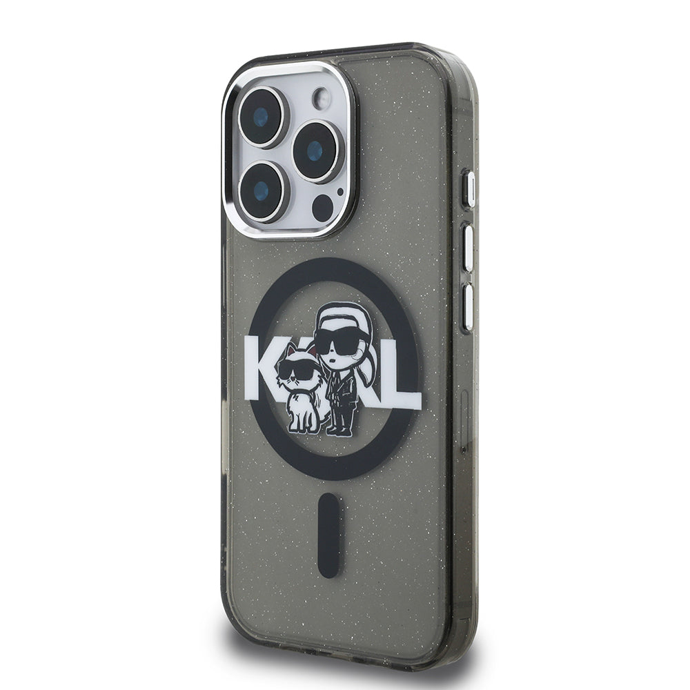 Karl Lagerfeld iPhone 16 Pro Max Orjinal Lisanslı Parlayan Simli Karl & Choupette Sketch Logo Kılıf