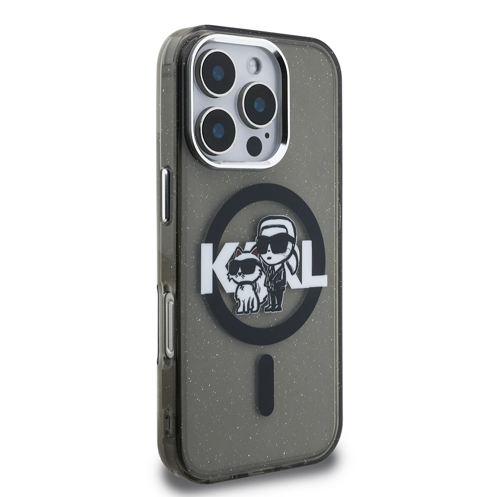 Karl Lagerfeld iPhone 16 Pro Max Orjinal Lisanslı Parlayan Simli Karl & Choupette Sketch Logo Kılıf