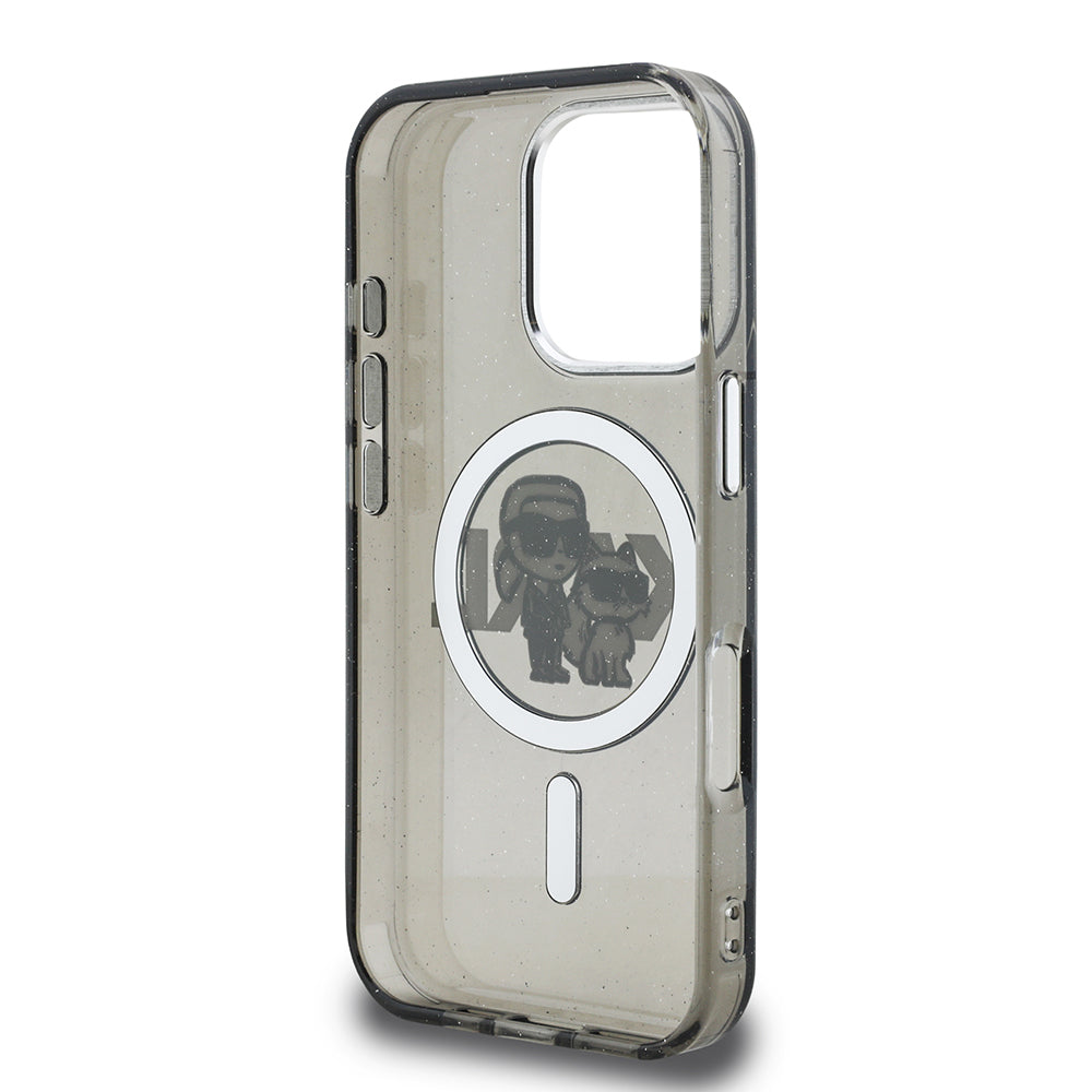 Karl Lagerfeld iPhone 16 Pro Max Orjinal Lisanslı Parlayan Simli Karl & Choupette Sketch Logo Kılıf