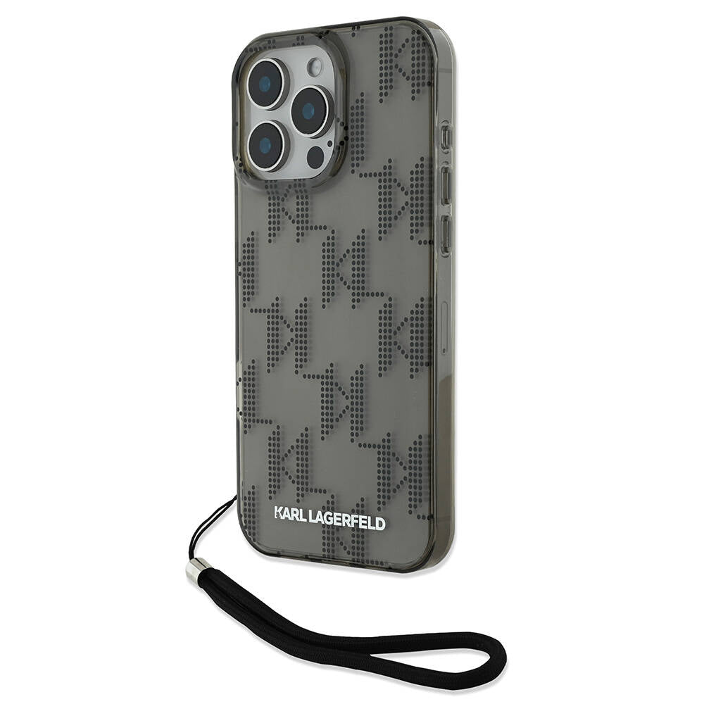 Karl Lagerfeld iPhone 16 Pro Max Orjinal Lisanslı KL Desenli Saydam Bilek Askı İpli Klasik Logolu Telefon Kılıfı