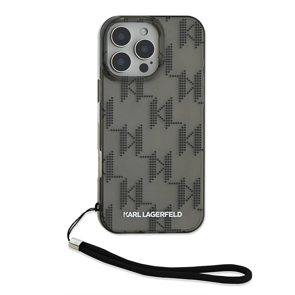 Karl Lagerfeld iPhone 16 Pro Max Orjinal Lisanslı KL Desenli Saydam Bilek Askı İpli Klasik Logolu Telefon Kılıfı