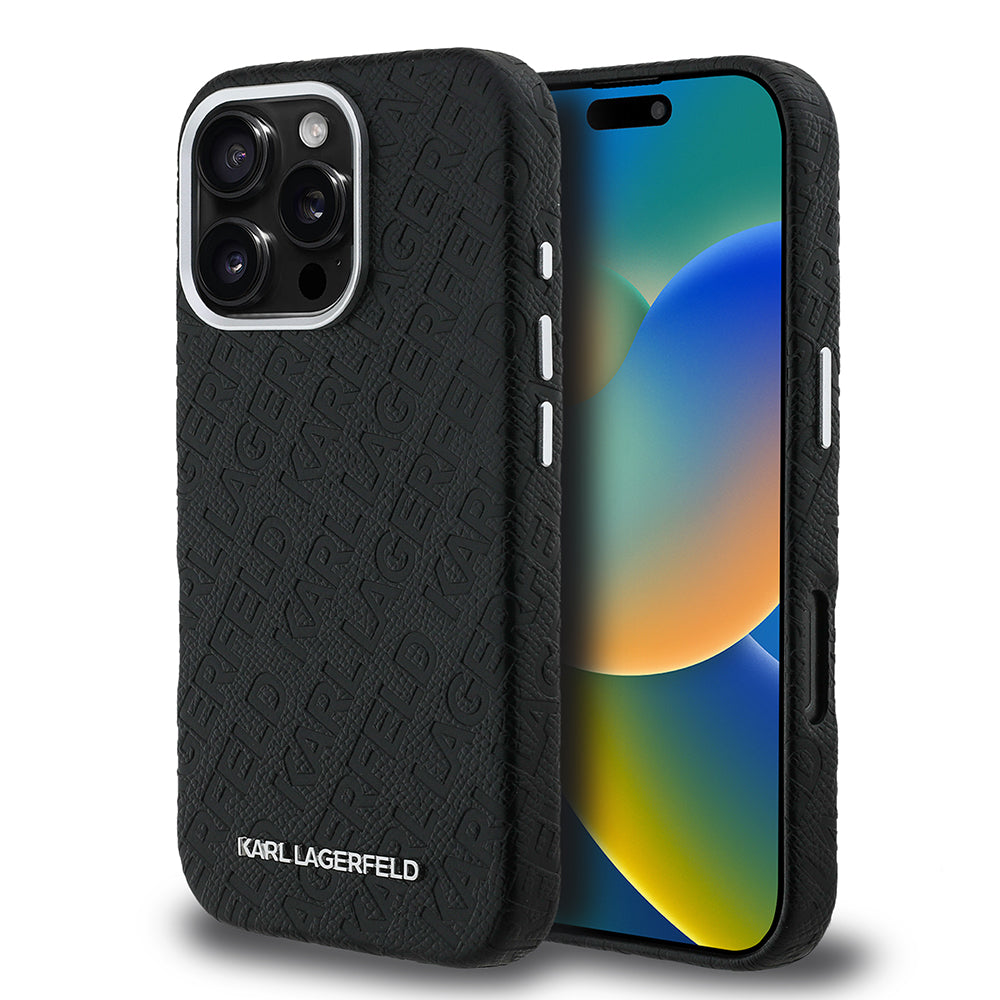 Karl Lagerfeld iPhone 16 Pro Max Orjinal Lisanslı PU Deri Damgalı Metal Yazı Logolu Kılıf