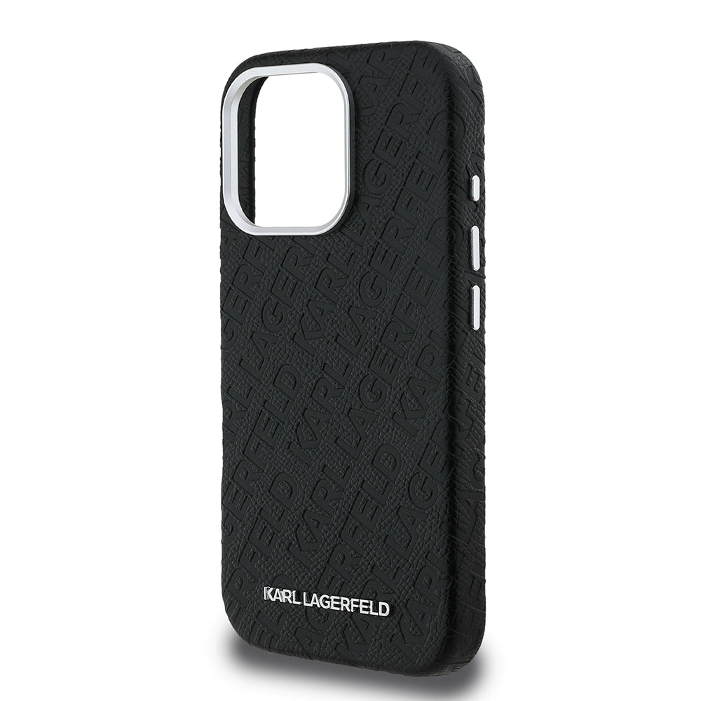 Karl Lagerfeld iPhone 16 Pro Max Orjinal Lisanslı PU Deri Damgalı Metal Yazı Logolu Kılıf
