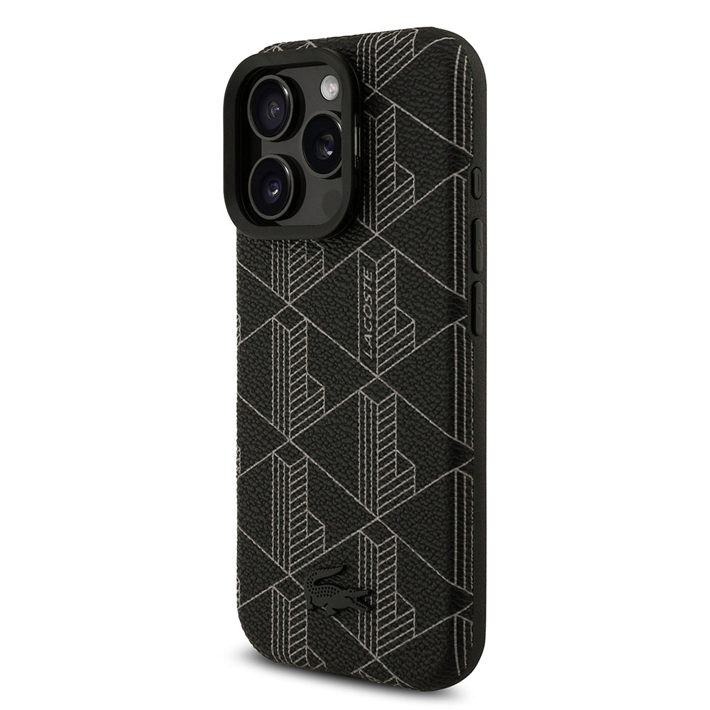 Lacoste iPhone 16 Pro Max Orjinal Lisanslı M-safe Şarj Özellikli Standlı PU Deri Karışık Monogram Desenli Kılıf