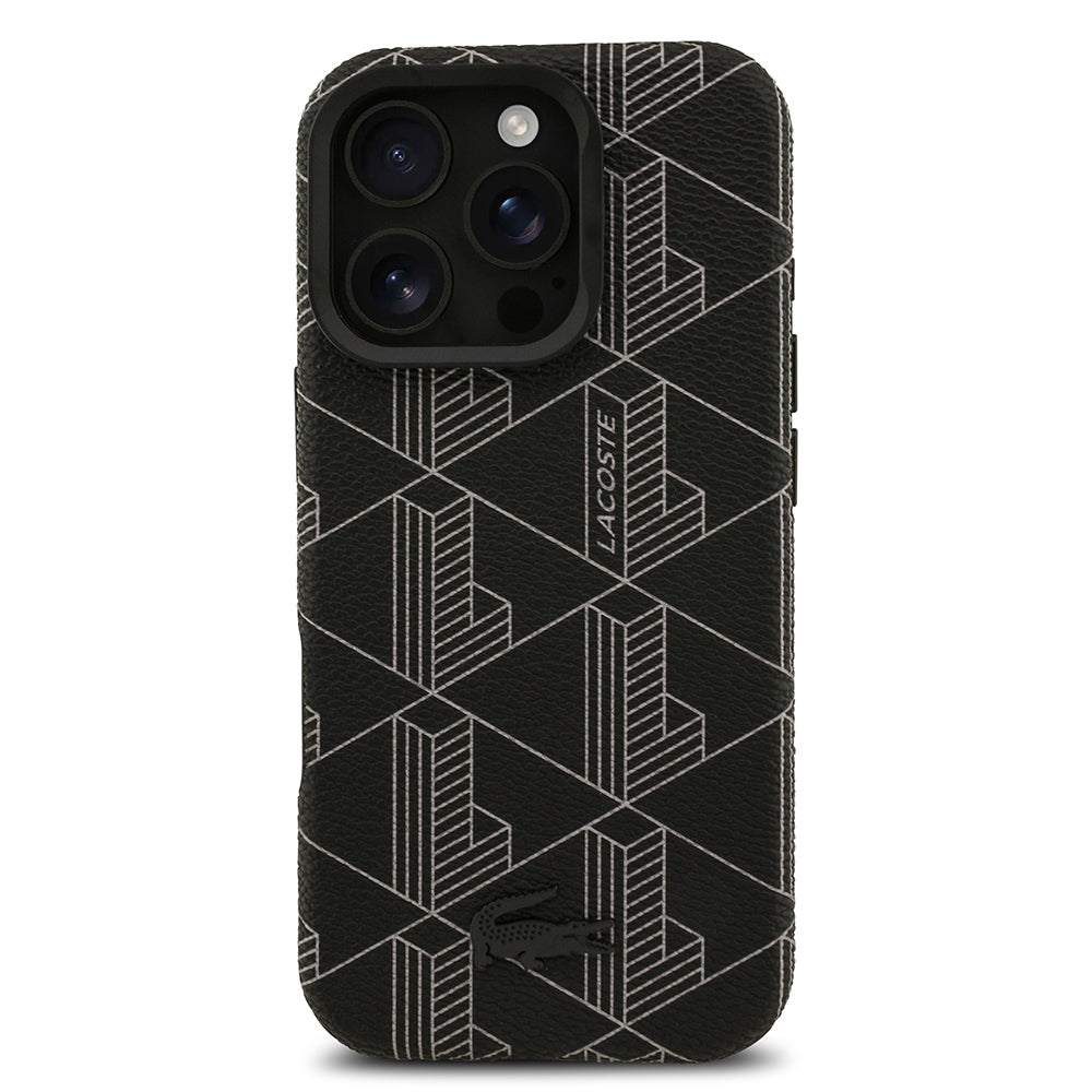 Lacoste iPhone 16 Pro Max Orjinal Lisanslı M-safe Şarj Özellikli Standlı PU Deri Karışık Monogram Desenli Kılıf