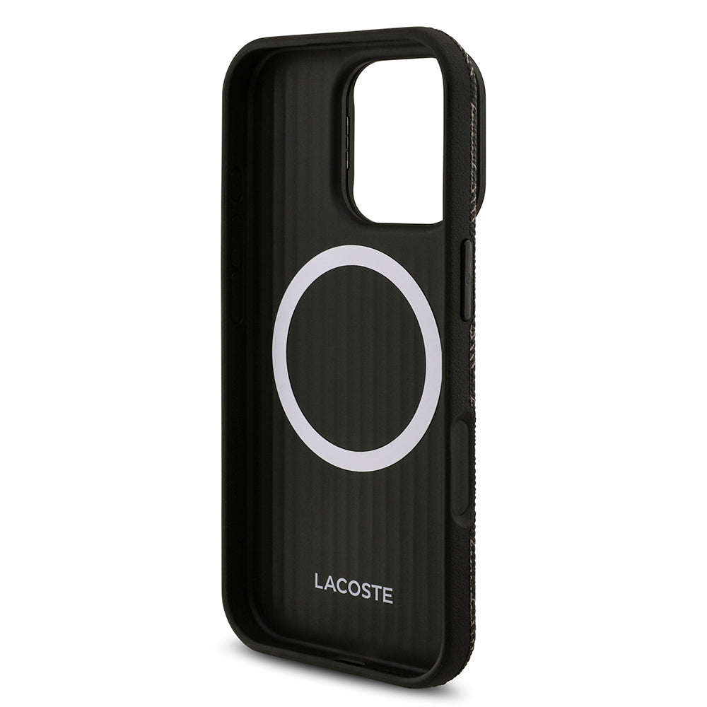 Lacoste iPhone 16 Pro Max Orjinal Lisanslı M-safe Şarj Özellikli Standlı PU Deri Karışık Monogram Desenli Kılıf