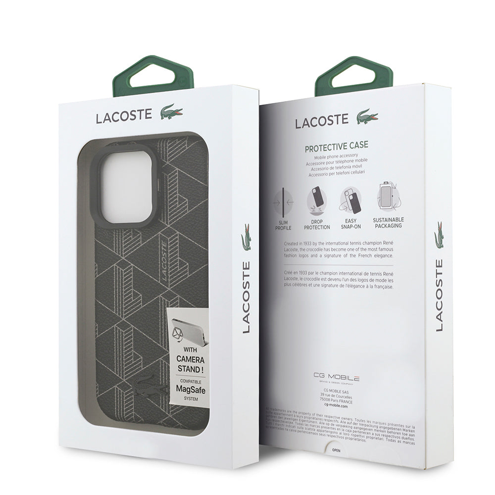 Lacoste iPhone 16 Pro Max Orjinal Lisanslı M-safe Şarj Özellikli Standlı PU Deri Karışık Monogram Desenli Kılıf