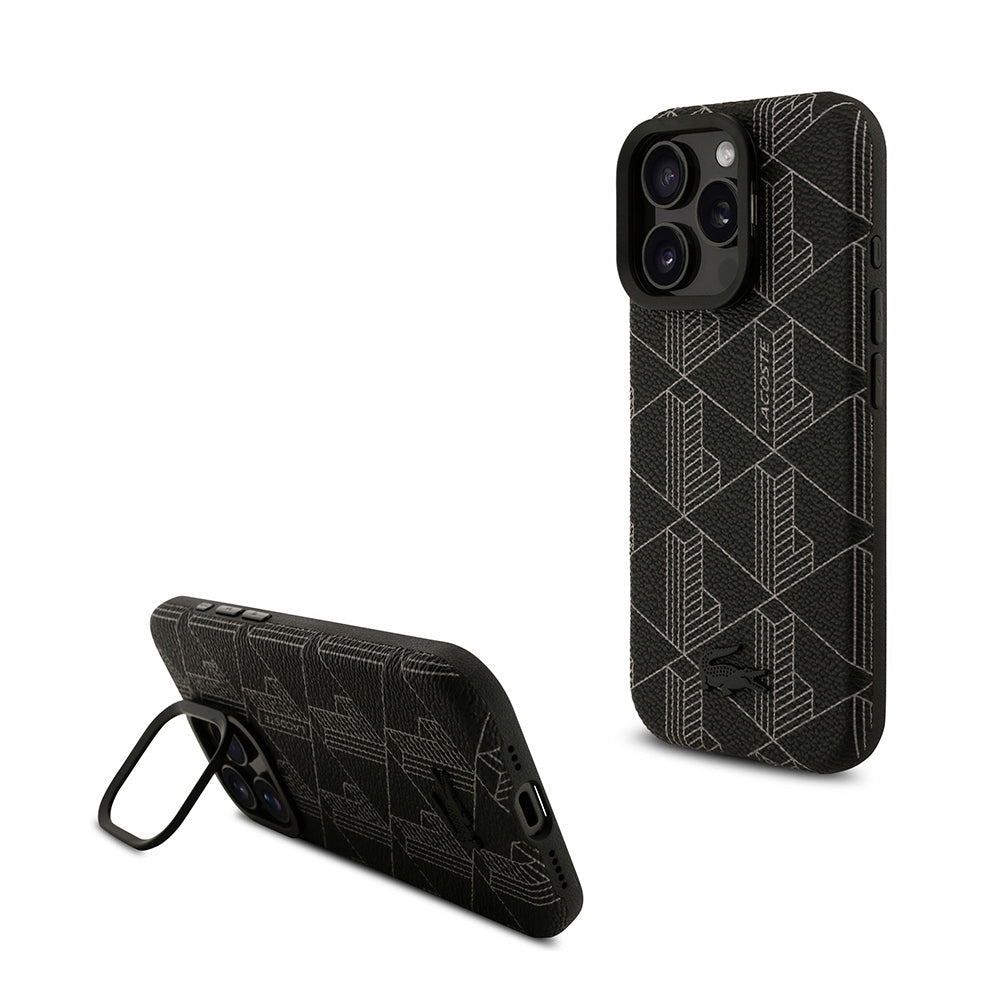 Lacoste iPhone 16 Pro Max Orjinal Lisanslı M-safe Şarj Özellikli Standlı PU Deri Karışık Monogram Desenli Kılıf