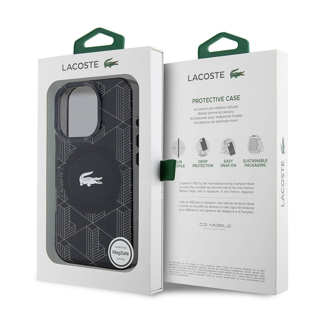 Lacoste iPhone 16 Pro Max Orjinal Lisanslı M-safe Şarj Özellikli IML Baskılı Gümüş Timsah Logolu Monogram Kılıf