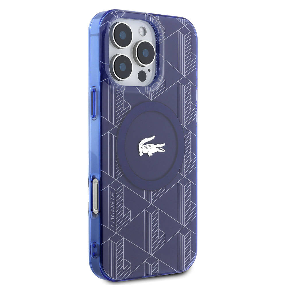 Lacoste iPhone 16 Pro Max Orjinal Lisanslı M-safe Şarj Özellikli IML Baskılı Gümüş Timsah Logolu Monogram Kılıf