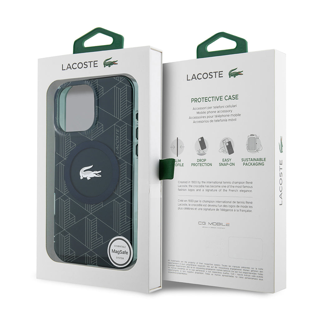 Lacoste iPhone 16 Pro Max Orjinal Lisanslı M-safe Şarj Özellikli IML Baskılı Gümüş Timsah Logolu Monogram Kılıf